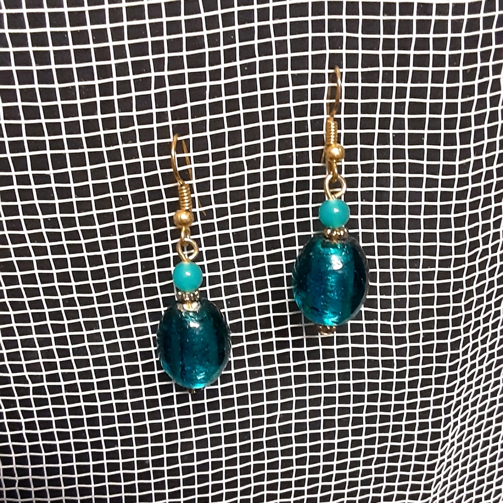 Beaded Boho Earrings Turquoise Glass Beads Gold Tone Hooks 1" long Gypsy Festiva